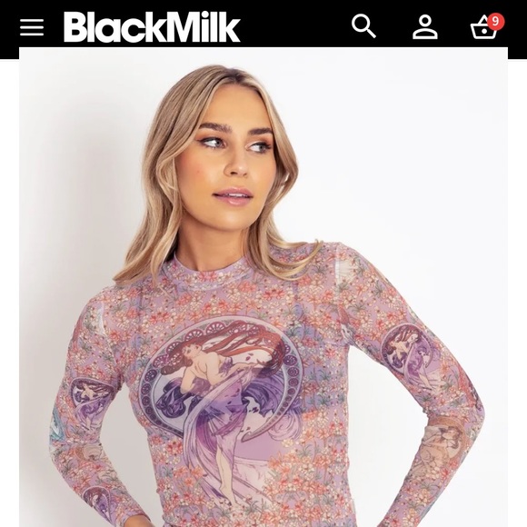 Blackmilk “MUCHA THE ARTS SHEER HIGH NECK LONG SLEEVE TOP” Size Large L NWT - Picture 2 of 16